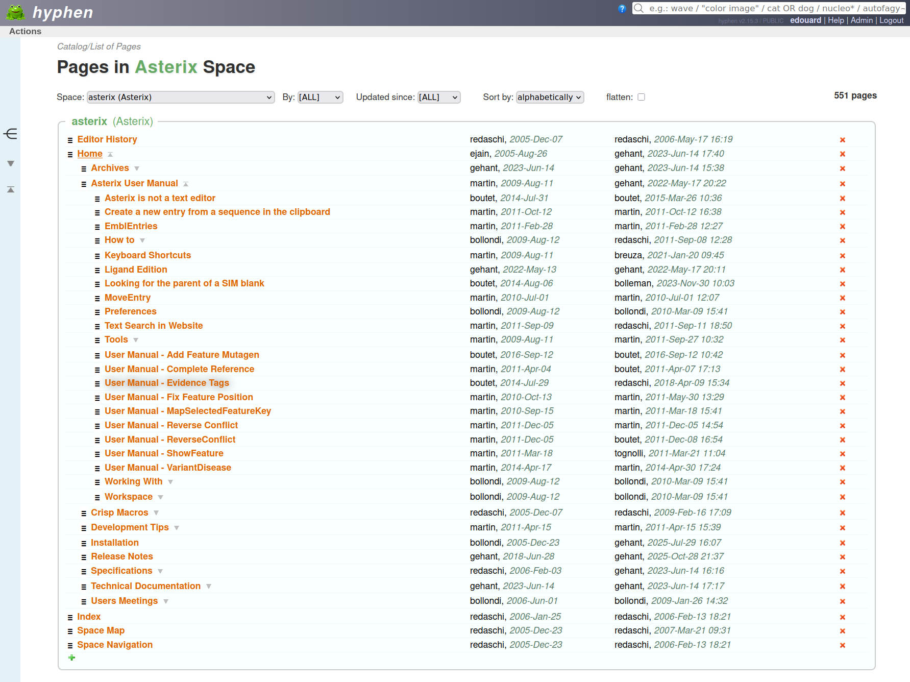 Page catalog showing the Asterix space and its page hierarchy